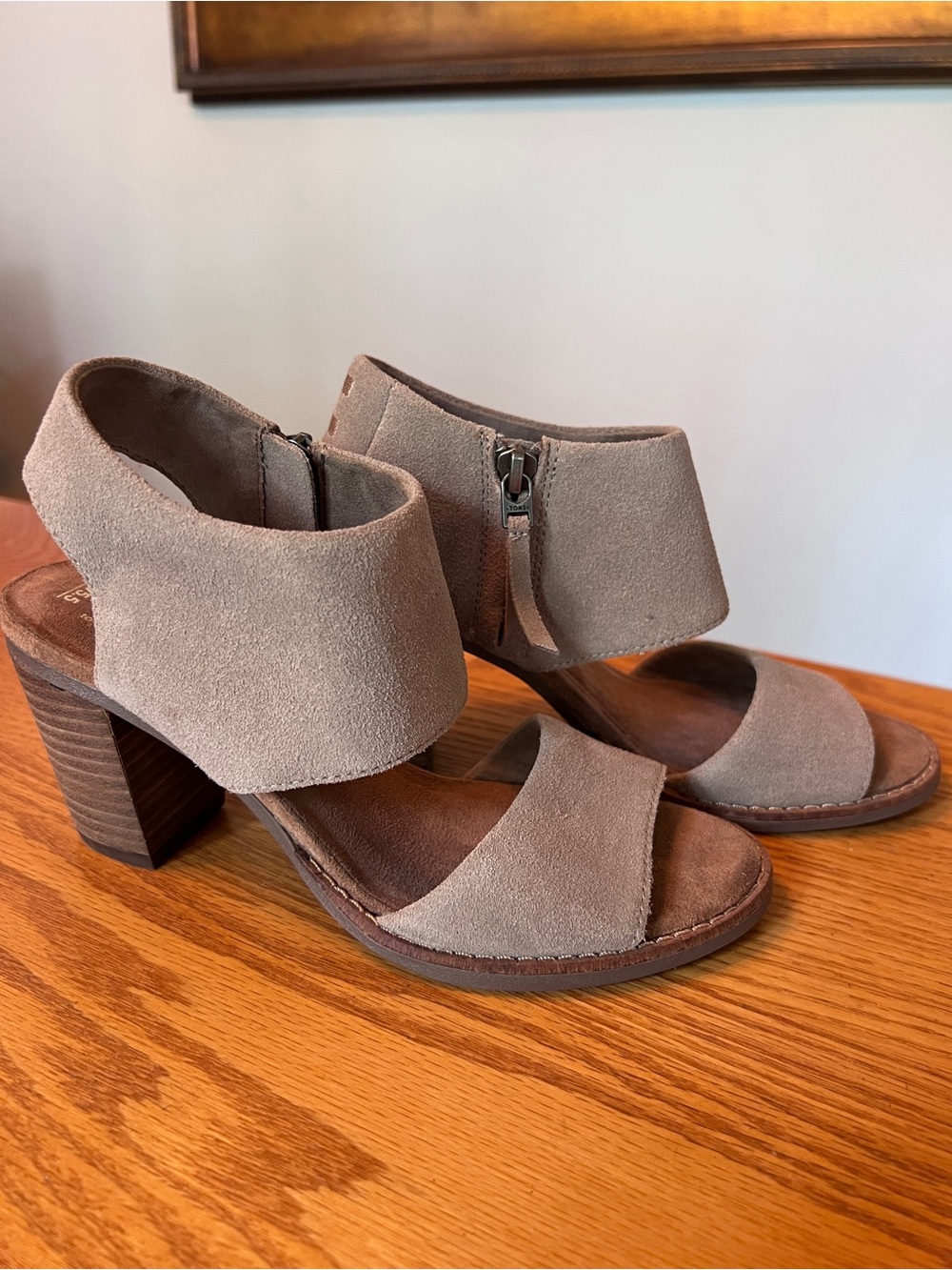 TOMS Taupe Suede Block Heel Sandals